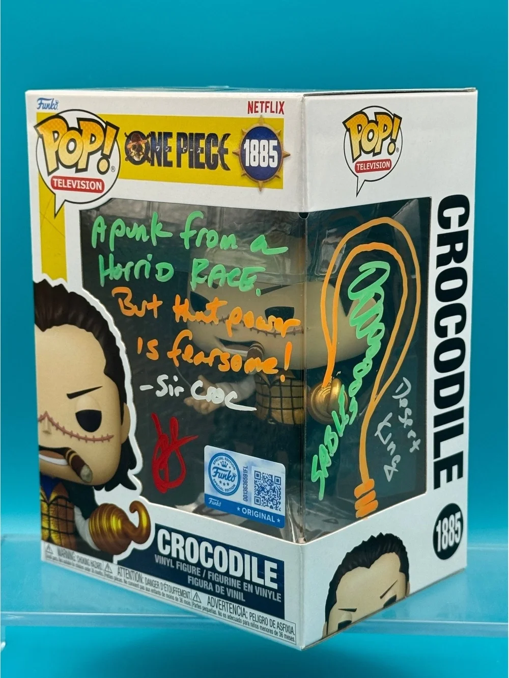 John Swasey signed Crocodile One piece Funko with doodles and quote MAS COA